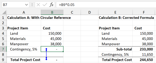 Excel files with complex circular references will have blue lines like the one above