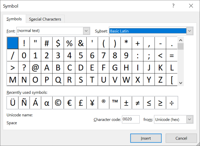 The Symbol dialog box simplifies the insert symbol process in Excel