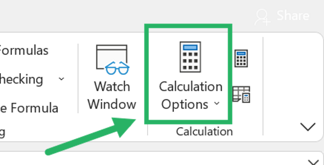 Calculation Options is at the very right side of the Formulas ribbon