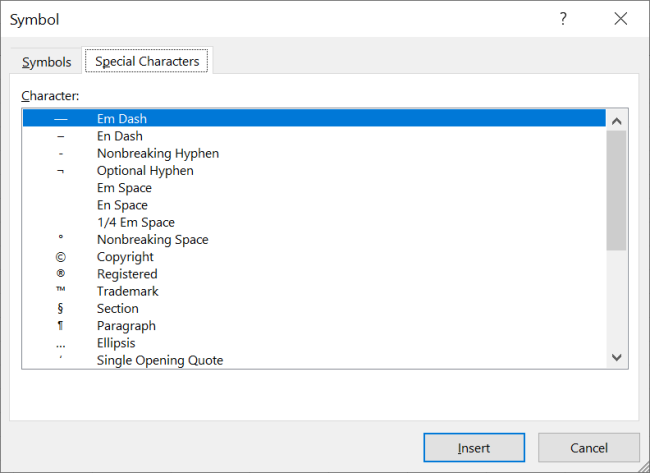 The Special Characters tab - insert symbols from here