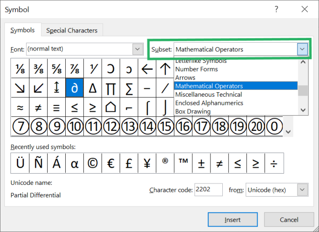 Use the Subset selector to find different symbols