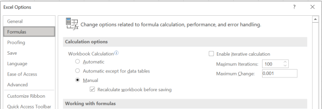 Calculation Options can also be accessed from the Excel Options window