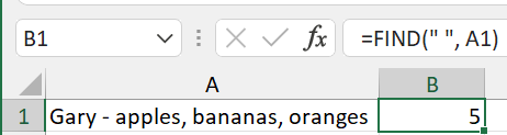 The Excel FIND function returns the cell value 5