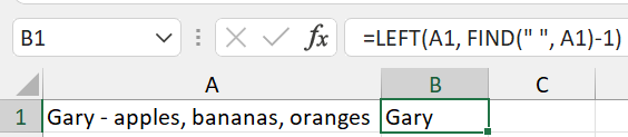 The get first word before space Excel formula