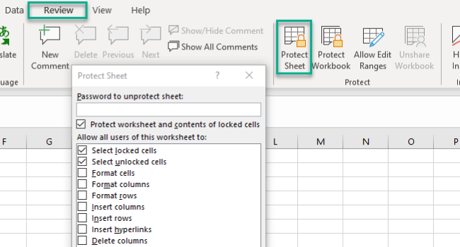 Protecting a sheet by entering password. 
