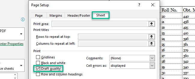 Disabling the Draft quality checkbox under Sheet tab. 