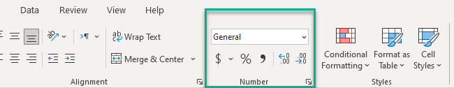 The format options under the Number group. 