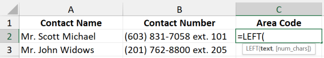 03 left function area code Typing a function into a cell shows the function's tooltip