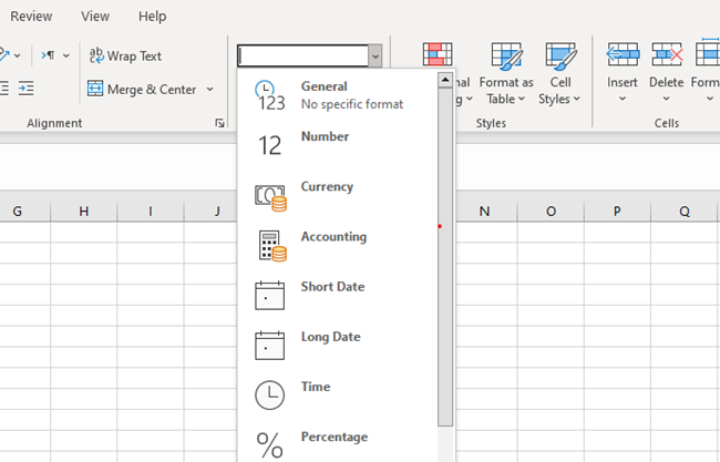 Formatting options to choose in MS Excel.