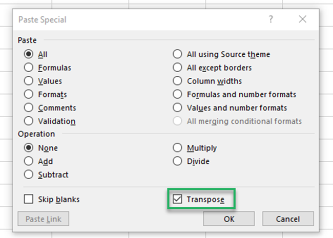 Paste Special feature under paste options.