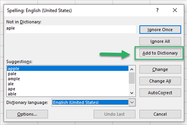 Add to Excel dictionary language