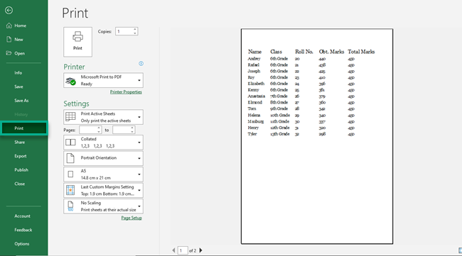 Print preview mode displays the worksheet you want to print. 