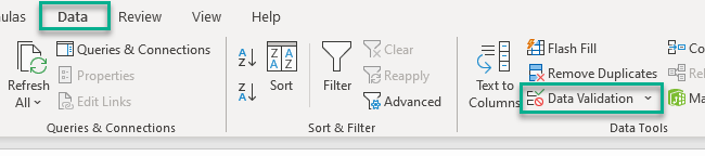 Selecting the data validation option for quick data analysis. 