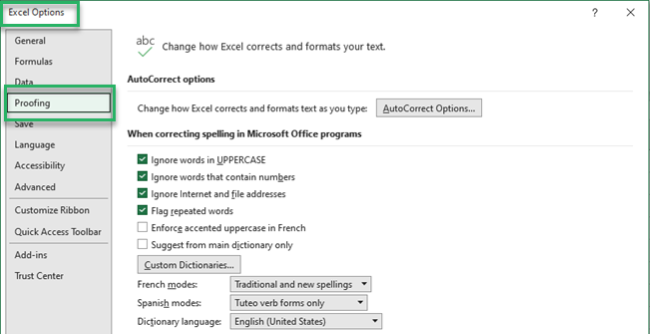 Excel Spell check settings