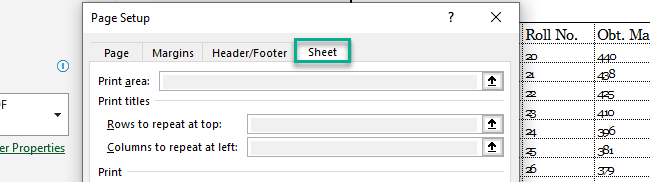 The Sheet tab in Page Setup dialog box.