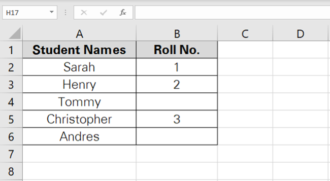 Students and their roll Numbers