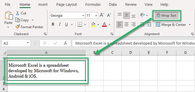 wrapping text / wrapped text in Excel