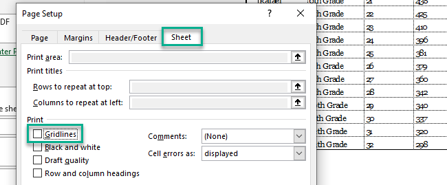 On the sheet dialog box, under the Print option, mark the Gridlines check box. Once done, click Ok.