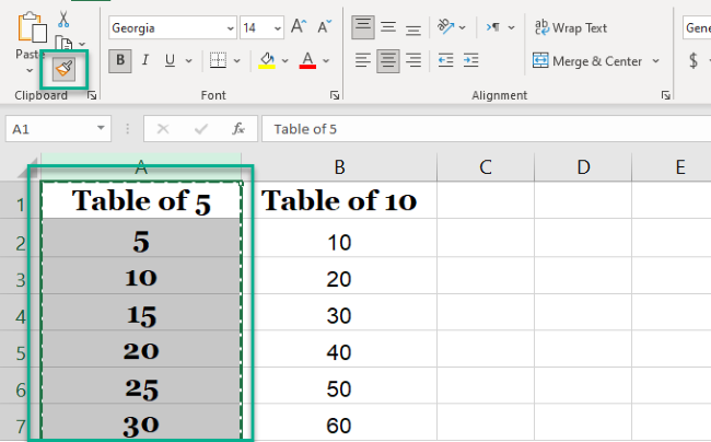 The sample column is selected to be copied for formatting. 