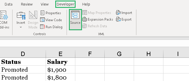 Selecting the Source icon from the developer's tab.