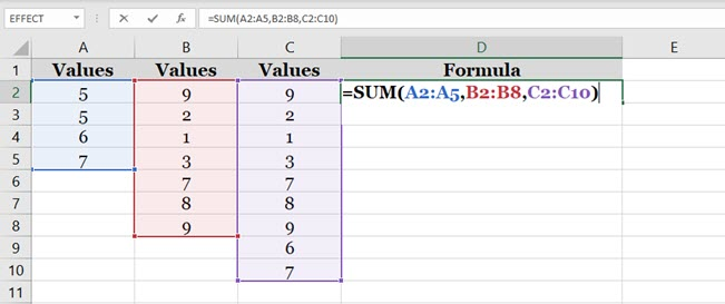  SUM adds ranges in Column B, Column C and Column A.