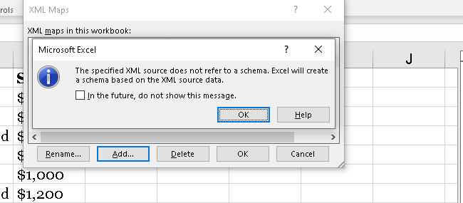 Excel mentioning the creation of schema based on XML data. 