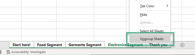 Ungroup worksheets button