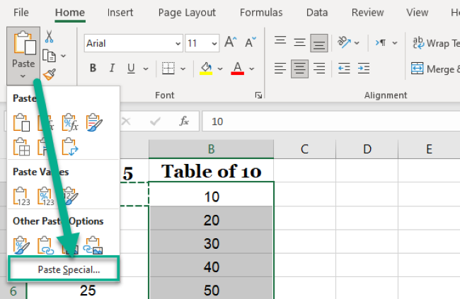Accessing the Paste special option from the Paste menu. 