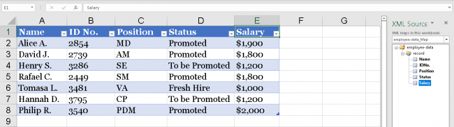 Turning the spreadsheet data into a table. 