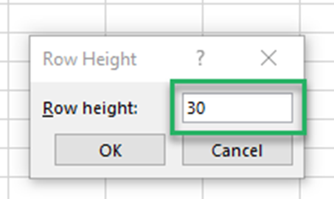 Row Height dialogue box