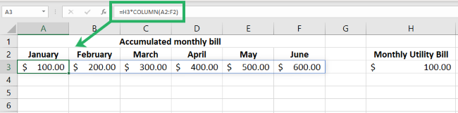 Excel Column function returns Monthly accumulated bills