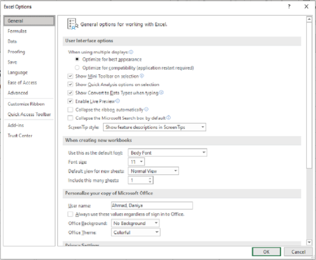 Excel Options dialog box