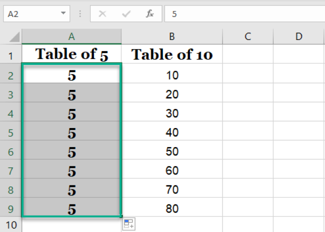Formatting pasted using the Fill handle. 