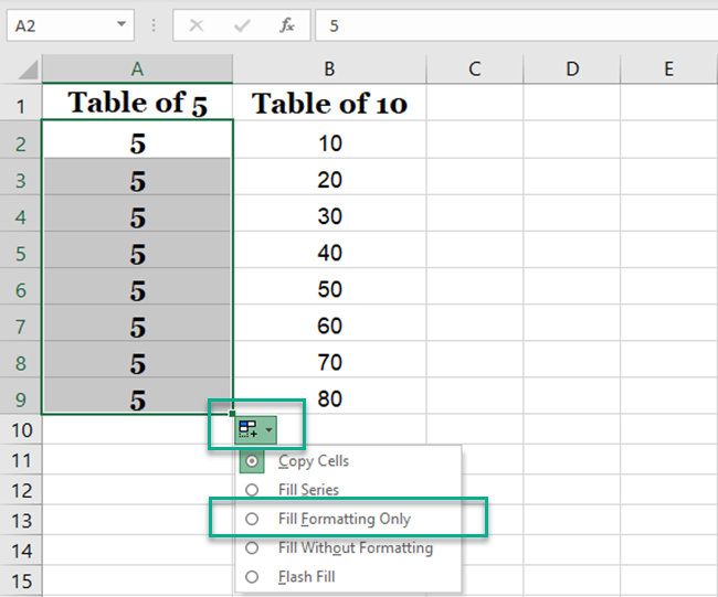 Selecting the Fill formatting only option to keep the formatting and original data intact. 