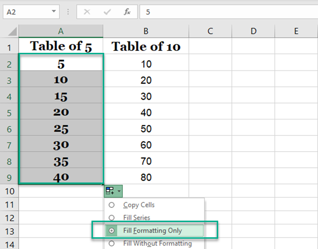 The formatting appears and the cells revert back to their original values. 