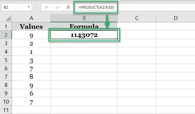 Excel multiplies the values in the specified range.