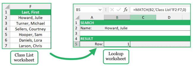Students can now search for their names and the function returns the relative position in the Class List table