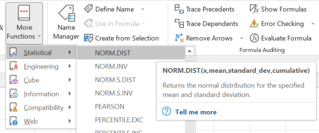 NORM.DIST can be used either as a cumulative distribution function or as a probability density function