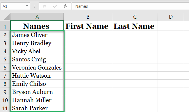 Data set written adjacent to blank cells. 