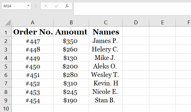 Example data set to move columns in Excel. 