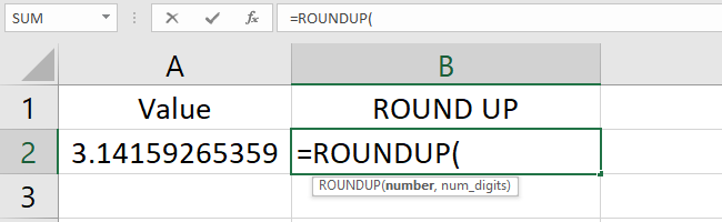 To round numbers up, type the ROUNDUP function.