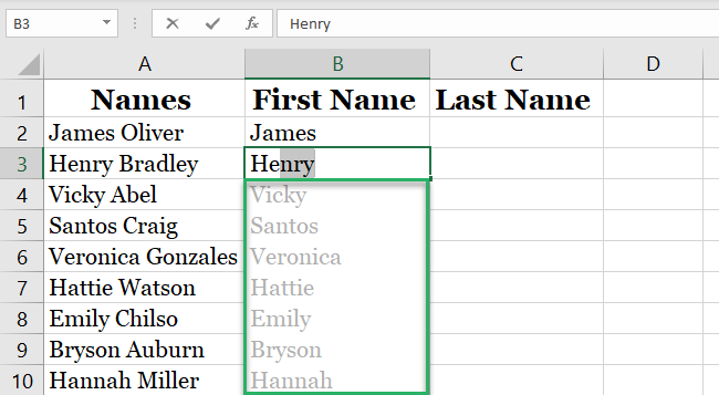 Entering names similar to the power query editor. 