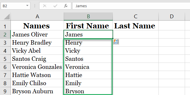 Entering name in first cell brings up other names. 