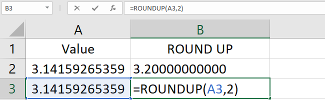 Type the ROUNDUP function. Input 2 to round to the nearest hundredths.