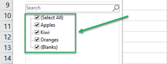 All items in the selected column