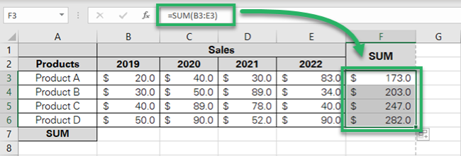 Excel calculates the SUM for multiple rows