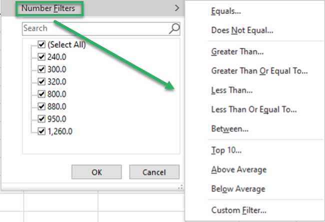 Options to filter numbers