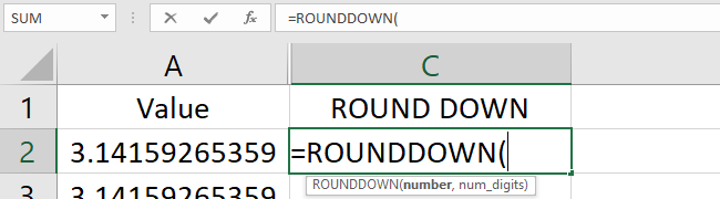 Type the ROUNDDOWN function in the cell