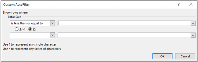 The Custom AutoFilter dialog box.