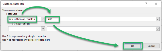 Inputting values Custom AutoFilter dialog box.